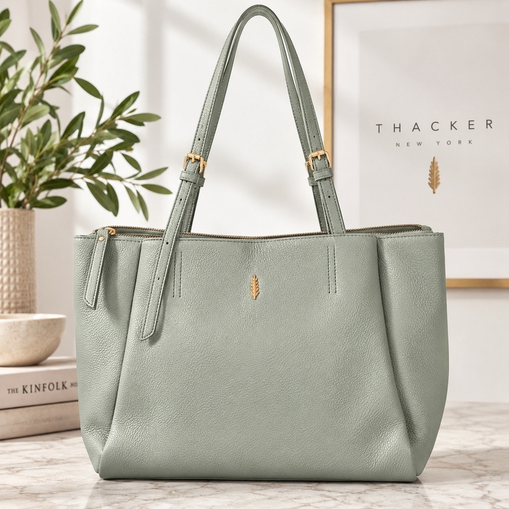 Thacker Tote Bag Large Sage Green Pebbled Leather Adjustable Straps Gold Logo